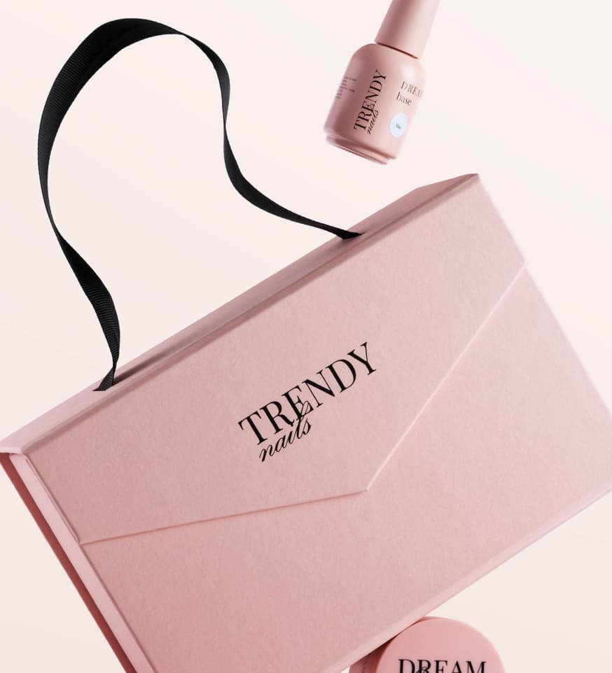 Pink Trendy Nails box with a DREAM base bottle